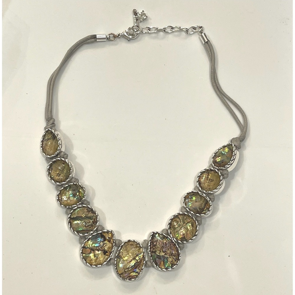 Silver Tone Abalone Shell Bib Statement Necklace Iridescent Boho Gray Cord